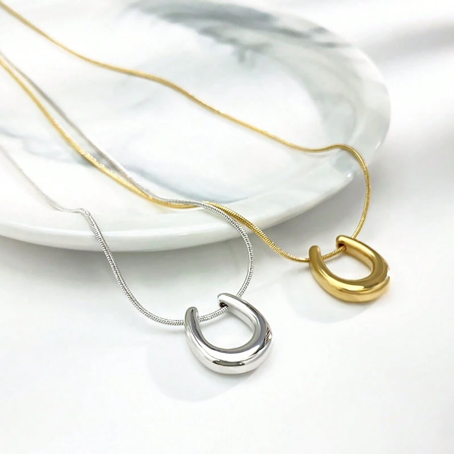 Steel Color Stainless Steel U-shaped Pendant Necklace - Silver - View 1