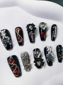 10pcs/Set Long Coffin Shape Handmade False Nails With Misty Moon & Mountains Graphics, Removable And Reusable With Jelly Glue & Nail File Press On Nails Nail Supplies - Multicolor - View 1