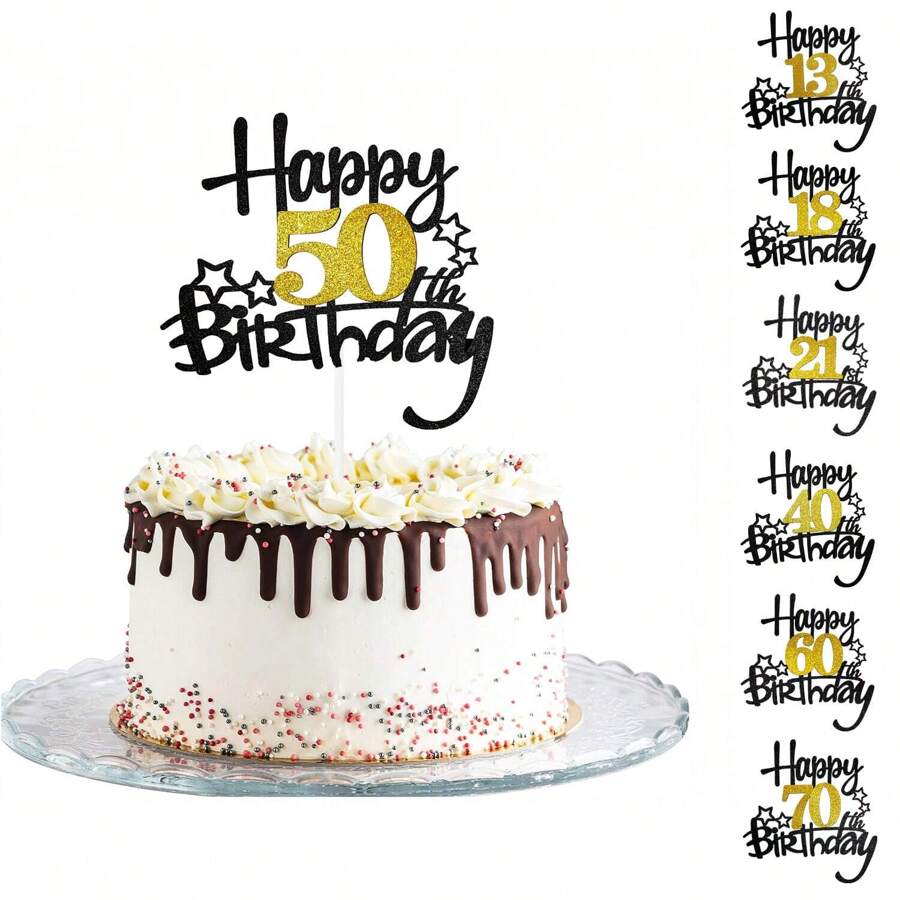 1 Pc 10th 13th 16th 18th 20th 21th 30th 35th 40th 45th 50th 55th 60th 70th 75th 80th 85th 90th Happy Birthday Cake Topper, Happy Birthday Cake Decoration 10 13 16 18 20 21 30 35 40 45 50 55 60 70 75 80 85 90 Year Anniversary Birthday Party Decor Gift Plugin Supplies(Black Gold),Christmas - Black Gold - View 1