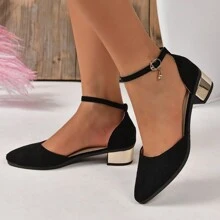 Women's Peep Toe Low-Heeled Casual Shoes, Hollow Out Strap Sandals, Suede Block Heels, Versatile High Heels, Comfortable Buckled Shoes