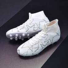 1pair Unisex Breathable Soccer Shoes With Long Spikes And High Tops For Football Games And Training - White - View 2