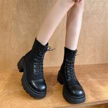 Bottes De Moto Élastiques Pour Femmes À Semelle Épaisse Pour L'automne, Nouvelles Bottes Hautes Ultra Douces Et Confortables Avec Design Léger, Fermeture À Glissière À L'arrière, Talon Haut À La Mode.