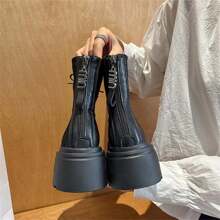 Bottes De Moto Élastiques Pour Femmes À Semelle Épaisse Pour L'automne, Nouvelles Bottes Hautes Ultra Douces Et Confortables Avec Design Léger, Fermeture À Glissière À L'arrière, Talon Haut À La Mode.