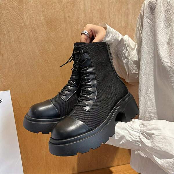 Bottes De Moto Élastiques Pour Femmes À Semelle Épaisse Pour L'automne, Nouvelles Bottes Hautes Ultra Douces Et Confortables Avec Design Léger, Fermeture À Glissière À L'arrière, Talon Haut À La Mode.