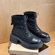 Bottes De Moto Élastiques Pour Femmes À Semelle Épaisse Pour L'automne, Nouvelles Bottes Hautes Ultra Douces Et Confortables Avec Design Léger, Fermeture À Glissière À L'arrière, Talon Haut À La Mode.