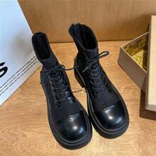 Bottes De Moto Élastiques Pour Femmes À Semelle Épaisse Pour L'automne, Nouvelles Bottes Hautes Ultra Douces Et Confortables Avec Design Léger, Fermeture À Glissière À L'arrière, Talon Haut À La Mode.