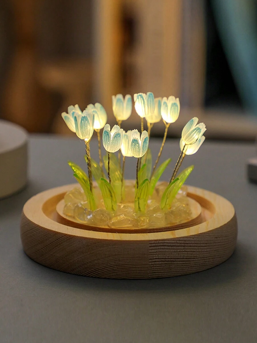 創意diy仿真花鬱金香圓頂桌燈,適合兒童禮物,純手工製作的桌燈,適用於房間和臥室裝飾,營造氛圍照明和小桌藝術品生日禮物 - 藍色 - 查看 1