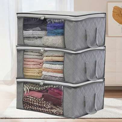 1pc Clothing Storage Bag, Foldable Closet Organizer For Blanket, Sweater, Coat, T-Shirt, With Reinforced Fabric And Transparent Window, 37l, Gray/Blue Decorations Decor Festival Decor Room Decor Home Decor Bed Room Decor Dress Pants Shoes Jeans Boots Skirt Bedroom, Organizer, Home Storage, White T Shirt Women, Black Pants Women, Ladies Winter Clothes, Dress,