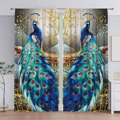 2 Piezas/set Cortinas Impresas Digitalmente Con Diseño De Pavo Real Azul Y Árbol Dorado, Hecho De Poliéster, Adecuado Para Sala De Estar, Dormitorio, Cocina, Baño, Comedor, Cafetería, Decoración Del Hogar