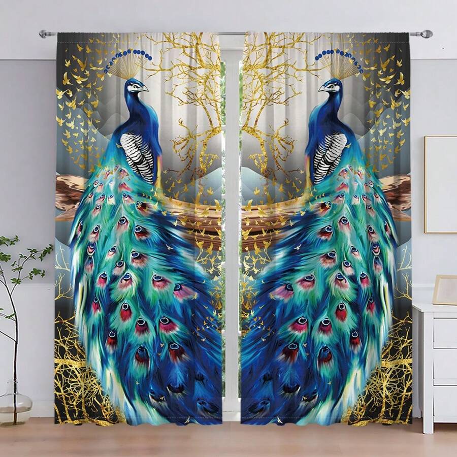 2pcs/set Digital Printed Curtains With Blue Peacock And Gold Tree Design, Made Of Polyester, Suitable For Living Room, Bedroom, Kitchen, Bathroom, Dining Room, Cafe, Home Decor - Blue - View 1