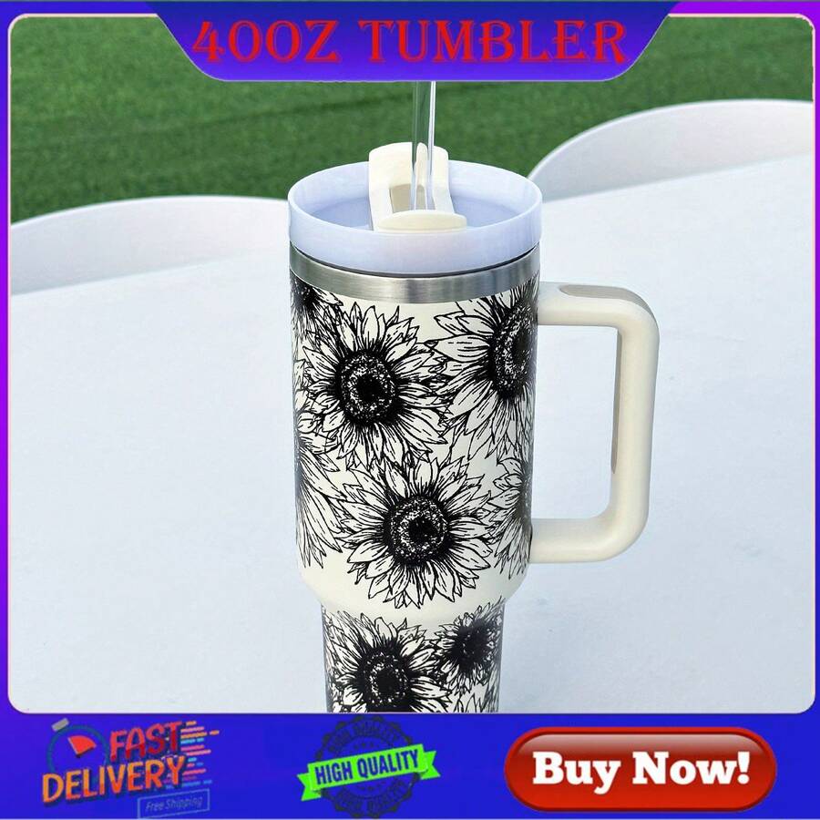 1入組太陽花水杯,水溫杯,真空杯,不鏽鋼水杯,帶吸管的大型水杯,創意便攜式旅行水瓶,適用於戶外野營,40oz/1200ml