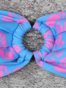 Polovedo Official New Spring/Summer Floral Print Ruched Sexy Bandeau Bikini Set, Casual Fashion For Women, Suitable For Valentine's Day, Beach, Vacation, Party, Date - Purple - View 4