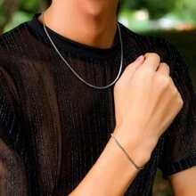 1 套龐克嘻哈多功能圓形蛇骨鏈,男士不銹鋼手鍊和項鍊珠寶套裝 - 銀色 - 查看 1