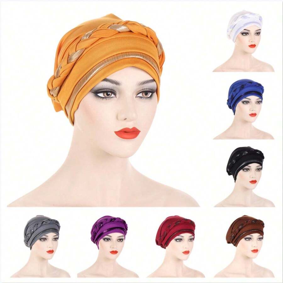 Multicolor Short Braid Patchwork Headscarf Hat, Fashionable European And American Style - Burgundy - View 1