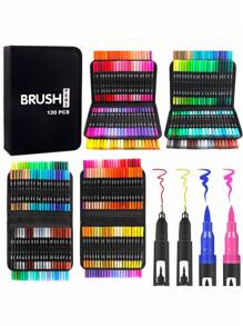 120 Colors Artist Markers Dual Tip Pens, Fine Tip Coloring Marker & Brush Tip Pen Set, Water Based Markers For Adult Coloring Back To School - màu đen - Xem 1