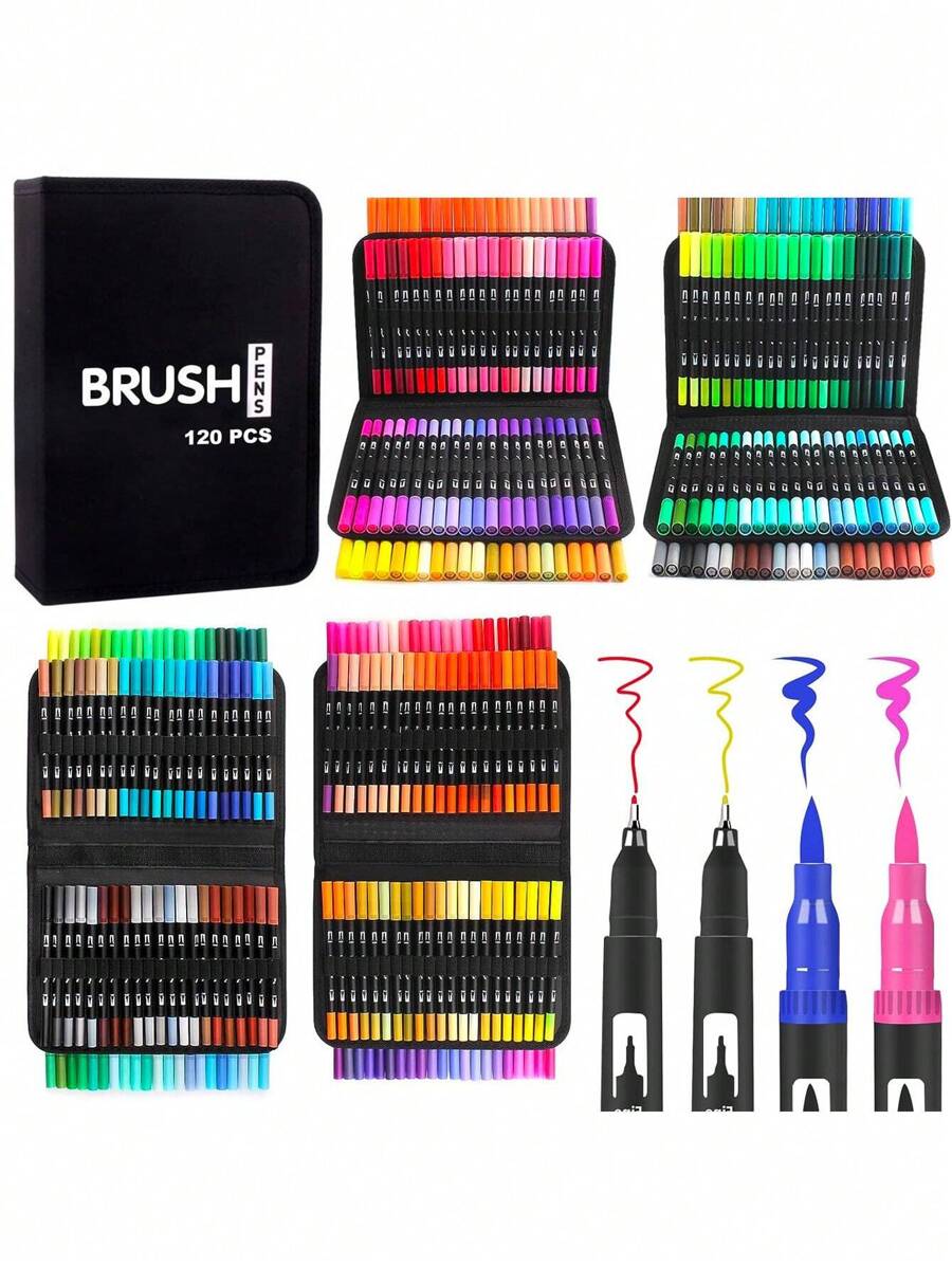 120 Colors Artist Markers Dual Tip Pens, Fine Tip Coloring Marker & Brush Tip Pen Set, Water Based Markers For Adult Coloring Back To School - màu đen - Xem 1