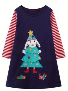 幼童女孩休閒舒適的有條紋圖案和可愛的聖誕樹印花冬裝