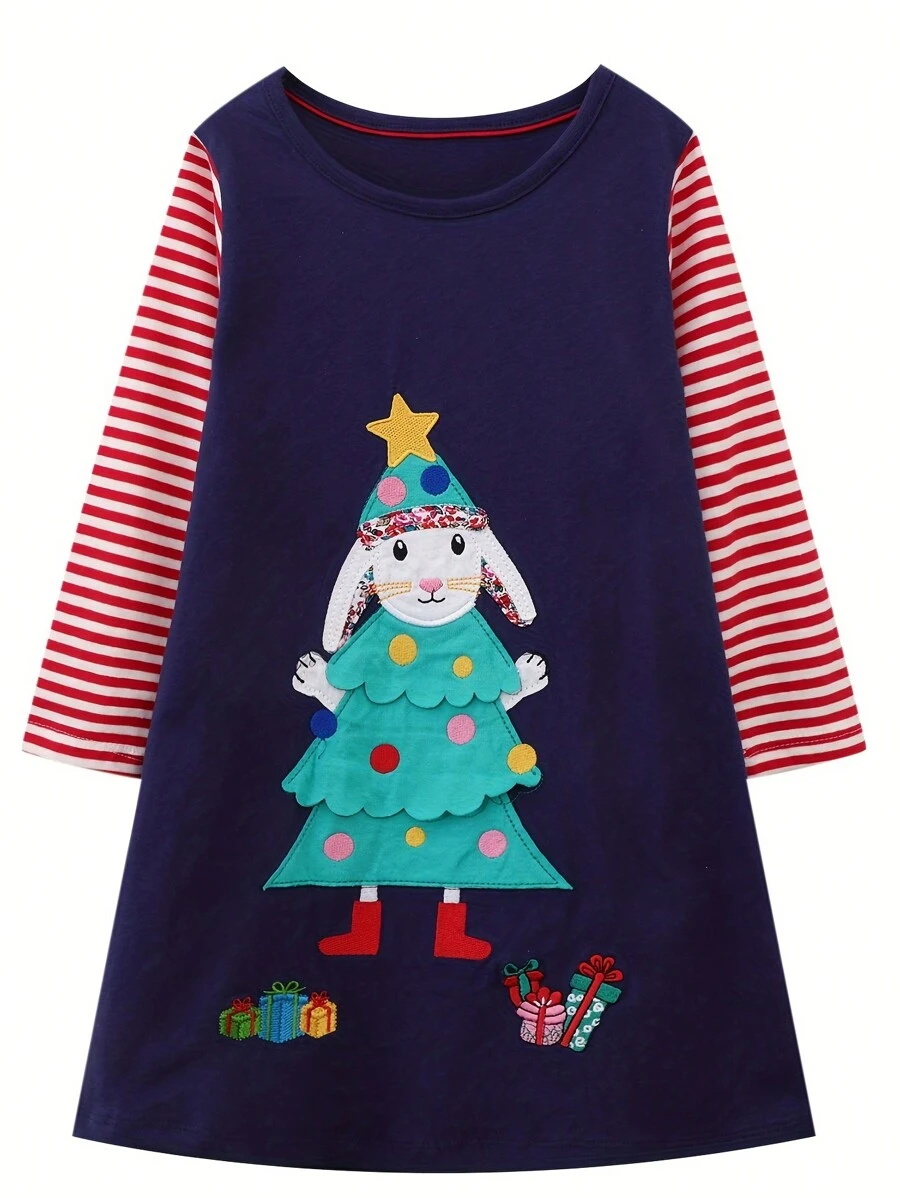 幼童女孩休閒舒適的有條紋圖案和可愛的聖誕樹印花冬裝