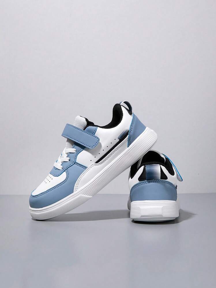 1pair Kids' Sports Shoes, Skateboarding Shoes, Indoor/Outdoor Casual Athletic Sneakers, Low Cut, Magic Sticker Closure, Easy To Wear And Take Off, Lightweight And Breathable, Anti-Slip Pu Leather Surface, Elastic And Soft, Shock Absorbing, Quick-Drying, Wear-Resistant, Splicing Design - Dusty Blue - View 4