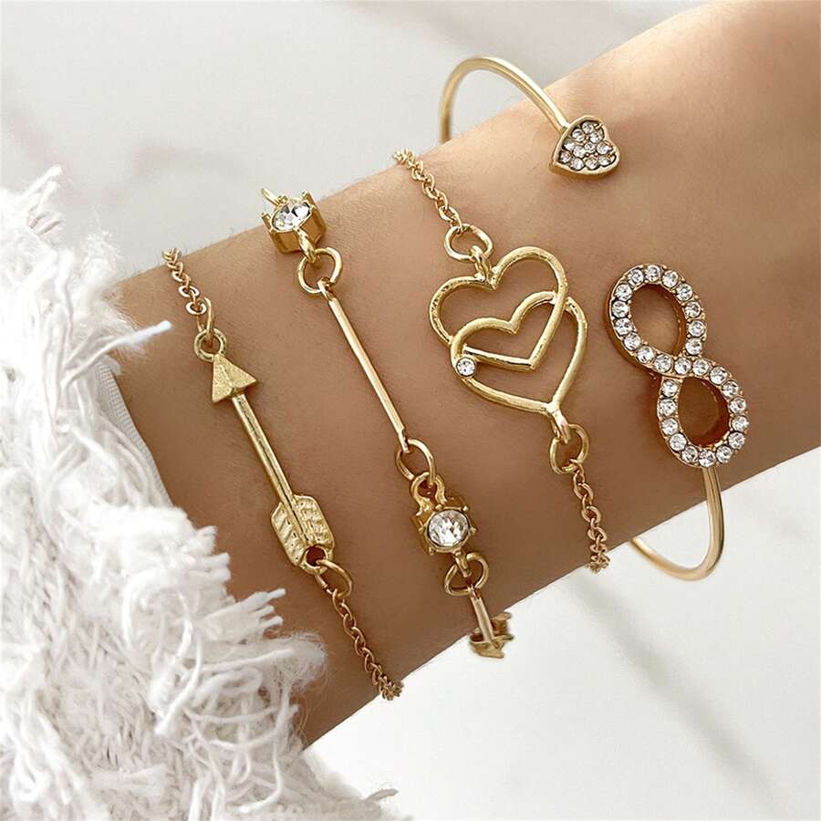 4pcs/Set Creative 8-Shaped, Heart-Shaped, Arrow-Shaped Rhinestone Decor Bracelet, Fashionable Accessory - Yellow Gold - View 1