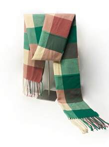 1 件男女通用方形格子图案仿羊绒围巾，适合户外、团购、旅行和冬季秋季礼物 - 綠色 - 查看 2