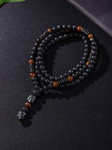 1pc Handmade Volcanic Stone Buddha Bead Pendant Necklace For Men, Tiger's Eye & Hematite Decorated Simple Style - Multicolor - View 5