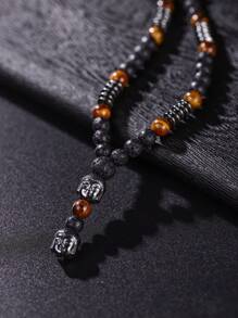 1pc Handmade Volcanic Stone Buddha Bead Pendant Necklace For Men, Tiger's Eye & Hematite Decorated Simple Style - Multicolor - View 4