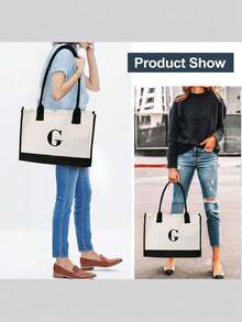 字母圖形單肩手提包大容量書包適合畢業生、青少年女孩、新生、大二、初中和高中大學生、大學和高中，非常適合戶外、旅行和返校防水尼龍斜挎包，休閒字母貼佈裝飾單肩包女士時尚拉鍊錢包 - 黑與白 - 查看 2