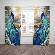 2pcs/set Digital Printed Curtains With Blue Peacock And Gold Tree Design, Made Of Polyester, Suitable For Living Room, Bedroom, Kitchen, Bathroom, Dining Room, Cafe, Home Decor - Blue - View 3