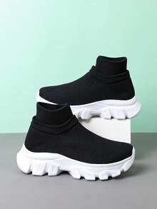 女式休閒套腳針織運動鞋,防滑舒適情侶款 - 黑與白 - 查看 4