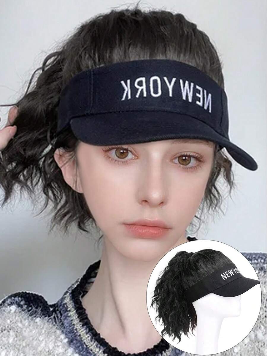 黑色一體式帽子,配馬尾辮髮型,女式棒球帽兼髮片,合成卷曲假髮帽,12英寸可調節遮陽帽
