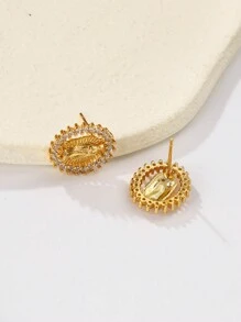 1pair Creative And Stylish Oval Shape Micro Inlay Cz Virgin Mary Stud Earrings Minimalist Accessory Copper Earrings For Women, Suitable For Wedding, Party, Daily Wear - Yellow Gold - View 2