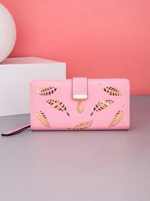 1pc Women's Fashion Leaf Foiled PU Leather Zip Wallet With Card Slots, Suitable For Dates Or As Gifts, With Zipper - Pink - View 2