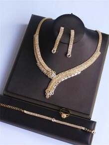 1 Set Elegant Rhinestone Necklace Set For Women, Perfect For Occasions & Evening Dress - Gold - View 2