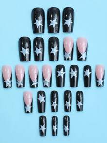 24片中等方形黑色法式白星壓著指甲,銀色鑽石美甲配件,性感假甲,適用於女性和女孩