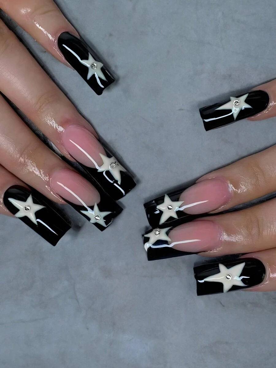 24片中等方形黑色法式白星壓著指甲,銀色鑽石美甲配件,性感假甲,適用於女性和女孩