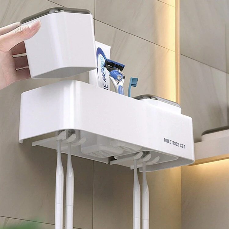 1 Pieza Portacepillos De Dientes Sin Taladro Con Soporte Para Vaso De Agua, Estante De Almacenamiento Montado En La Pared Para Cepillo De Dientes Eléctrico, Pasta Dental, Organizador De Baño, Adecuado Para Casa, Hotel, Apartamento, Villa, Baño De Ducha - Blanco y Negro - Añade 10