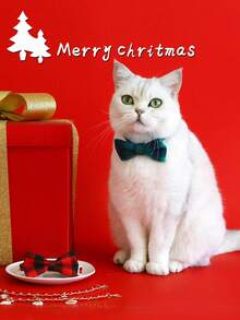 1pc British Plaid Bow Cat Collar With Bell Pet Accessory - Red - View 2