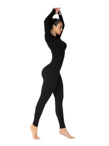 女士无缝瑜伽健身运动紧身长袖连体衣塑身衣 - 黑色 - 查看 5