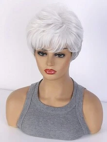 10英寸時尚女式短卷合成髮假髮，銀白色，自然蓬鬆感和側切瀏海，適用於日常穿著、婚禮、節慶及萬聖節服裝派對