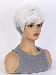 10英寸時尚女式短卷合成髮假髮，銀白色，自然蓬鬆感和側切瀏海，適用於日常穿著、婚禮、節慶及萬聖節服裝派對