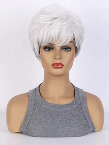 10英寸時尚女式短卷合成髮假髮，銀白色，自然蓬鬆感和側切瀏海，適用於日常穿著、婚禮、節慶及萬聖節服裝派對