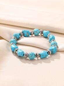 1入藍色綠松石珠子手鍊,波希米亞風格鋅合金女性手鍊,適用於海灘穿著