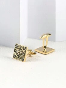 Vintage Roman Pattern Square Metal Cufflinks, Gold - Yellow Gold - View 4