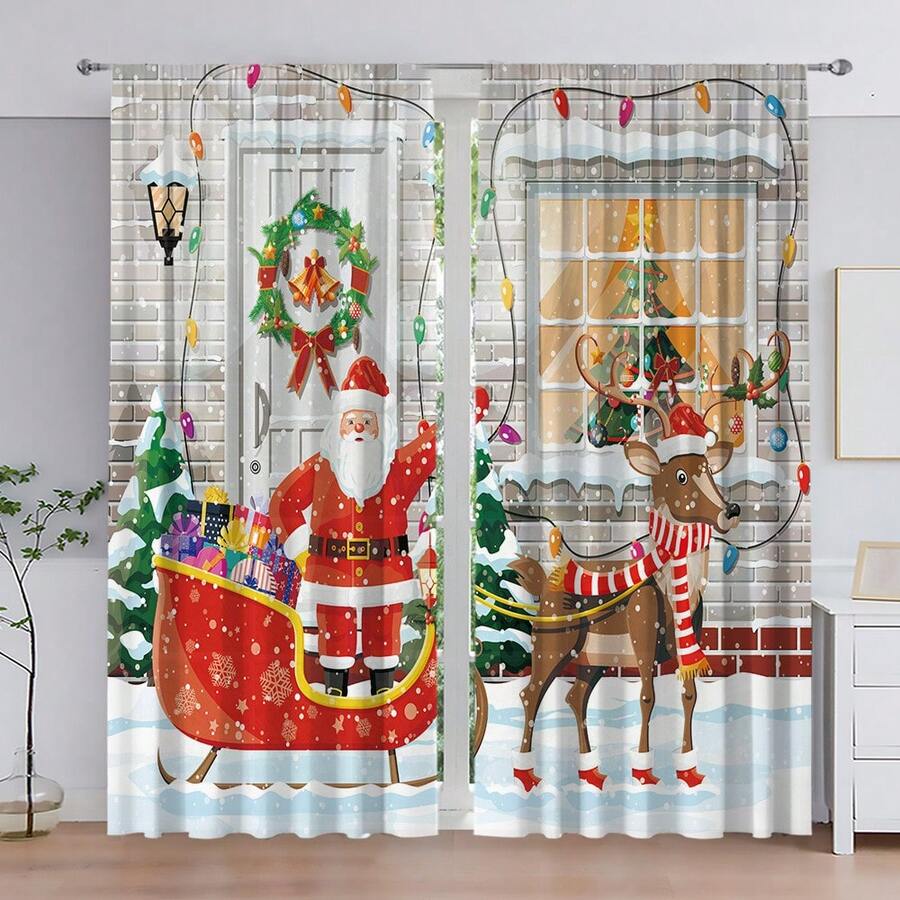 1套(2片)聖誕鹿和聖誕老人數字印花聚酯纖維窗簾,適用於客廳、臥室、廚房、浴室、飯廳、咖啡廳、家居裝飾、冬季 - 玫瑰紅 - 查看 1