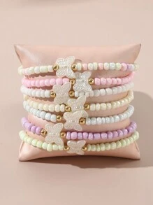 Set de 7 piezas de pulseras con cuentas de corazón, estrella y mariposa de colores para niñas, decoración diaria