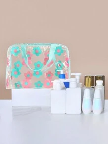 1pc Pvc Floral Pattern Toiletry Bag, Travel Waterproof Cosmetic Bag - Green - View 1