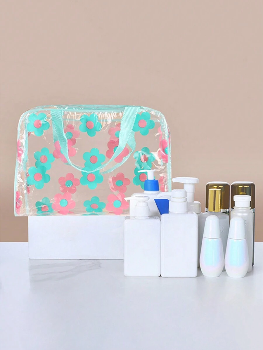 1pc Pvc Floral Pattern Toiletry Bag, Travel Waterproof Cosmetic Bag - Green - View 1