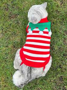 YIMEIS 1件秋冬時節的寵物針織衣,紅白條紋搭配綠色圍巾和球形細節,適合貓狗穿著,襯托節日氛圍 - 彩色 - 查看 3