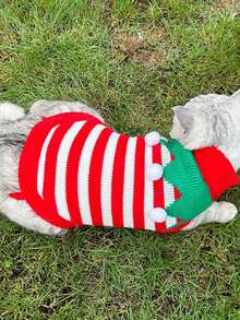 YIMEIS 1件秋冬時節的寵物針織衣,紅白條紋搭配綠色圍巾和球形細節,適合貓狗穿著,襯托節日氛圍 - 彩色 - 查看 6